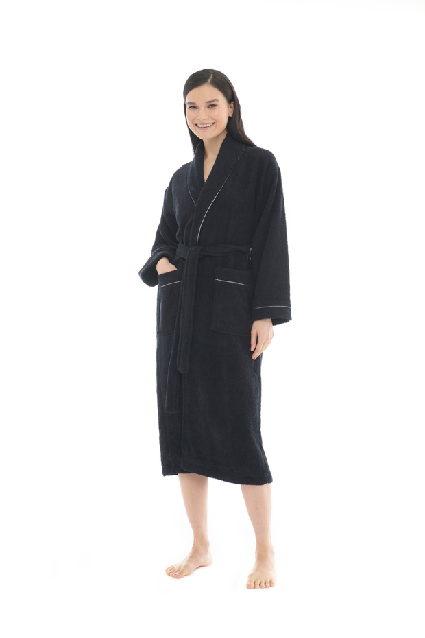 Gaia Şalyaka Women's Bathrobe - with Belt - Black 100% Cotton