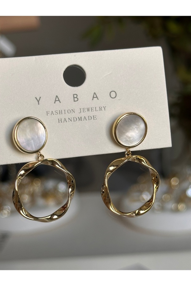 Vip Gold&White Pearlescent Dangle Ring Detailed Tarnish-Resistant Steel Earrings