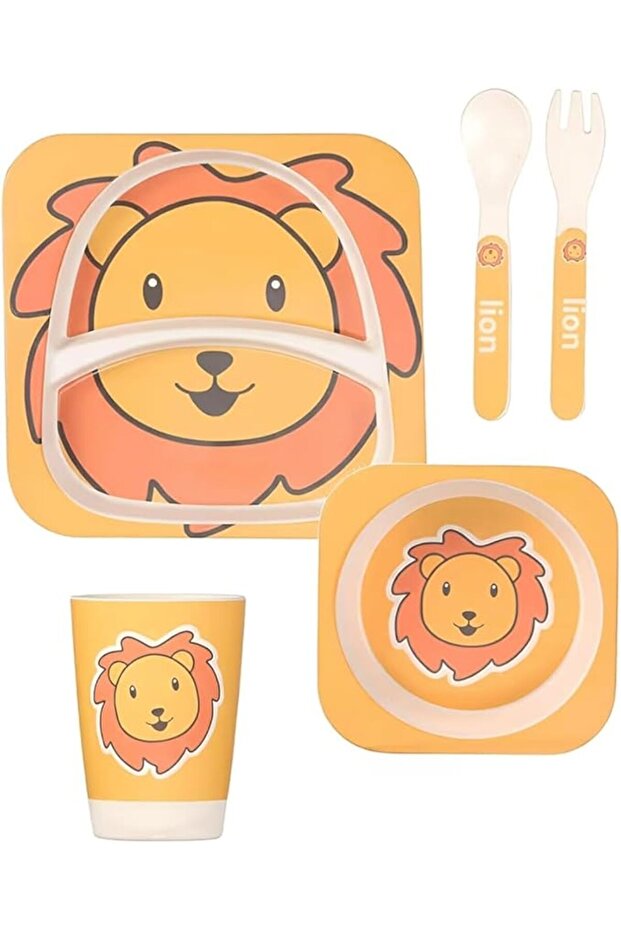 Bamboo Fiber Kids Crockery Set Having 5 Pieces - Eco Friendly (Lion Design)
