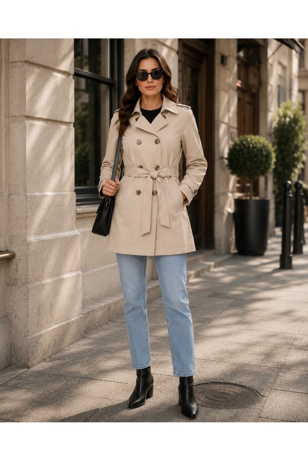 Women's Casual Lined Short Trench Coat - Belted Seasonal Jacket