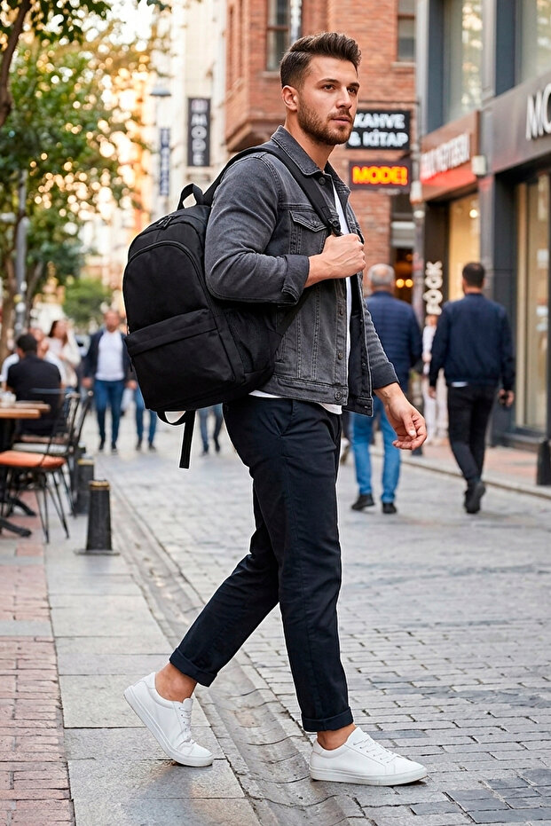 Black Color Men's Backpack Casual Sports School Waterproof Fabric