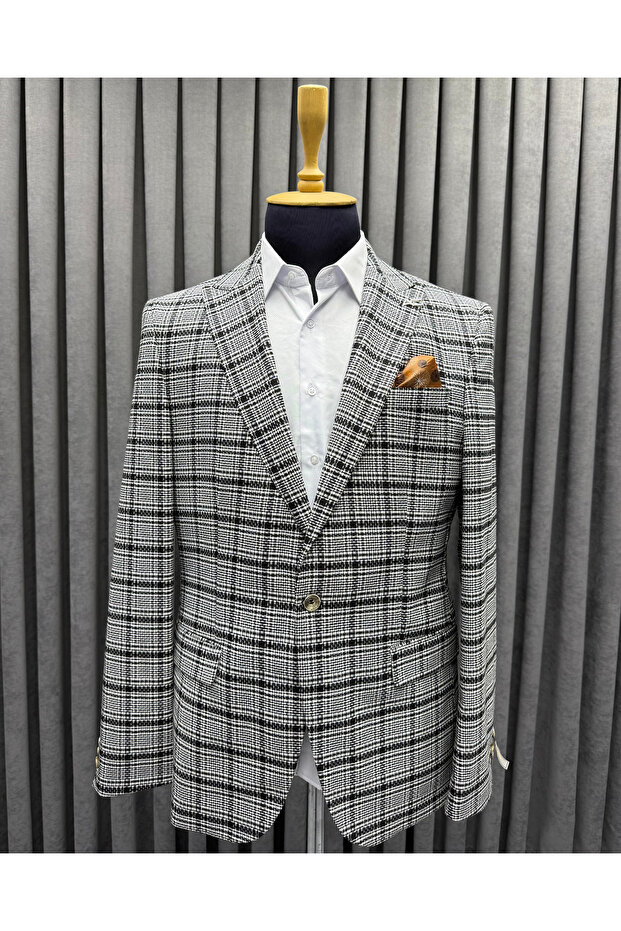 Men's Black Plaid Single Button Blazer Jacket