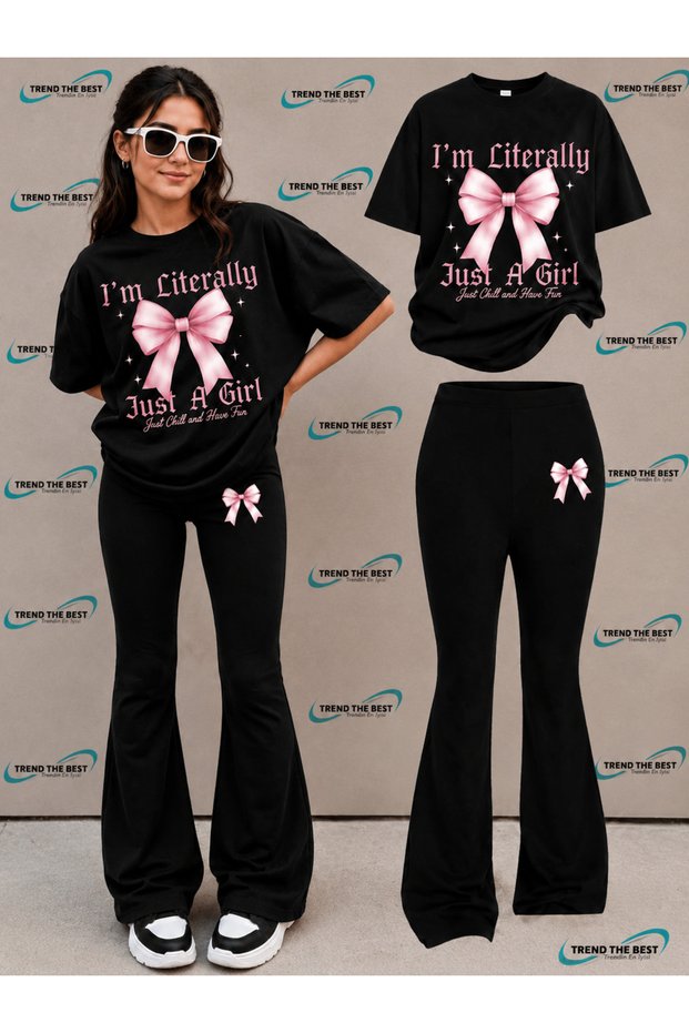 Summer Black Spanish Flared Pants and T-Shirt, I'M Just a Gırl Pink Big Ribbon Print Design Kids Girls Set