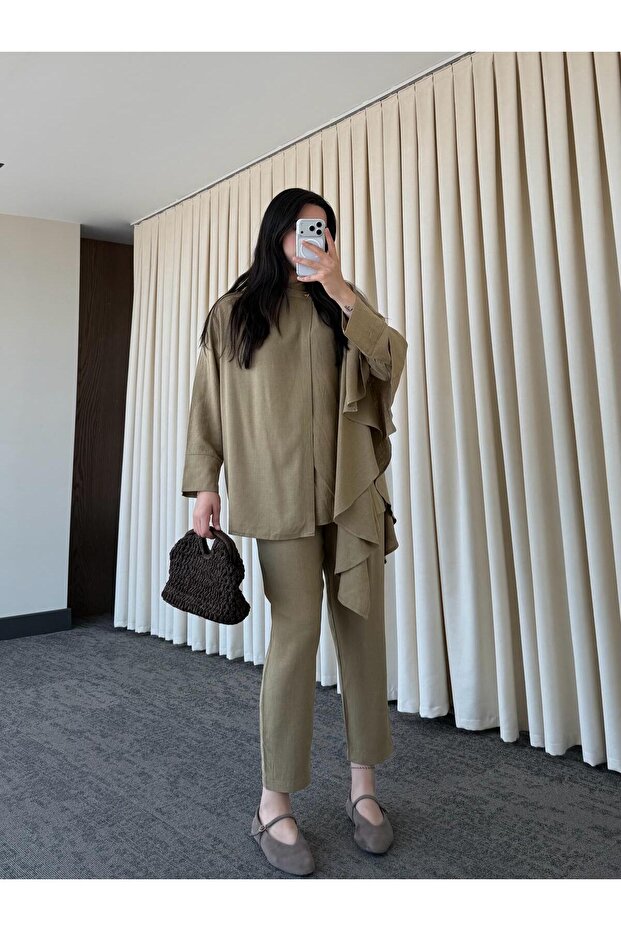 Khaki Flounced Kimono Suit - 8739