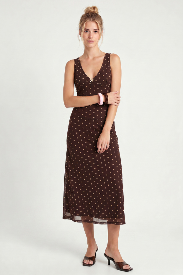 Polka Dot Patterned Summer Tulle Dress Lzv0078 Brown