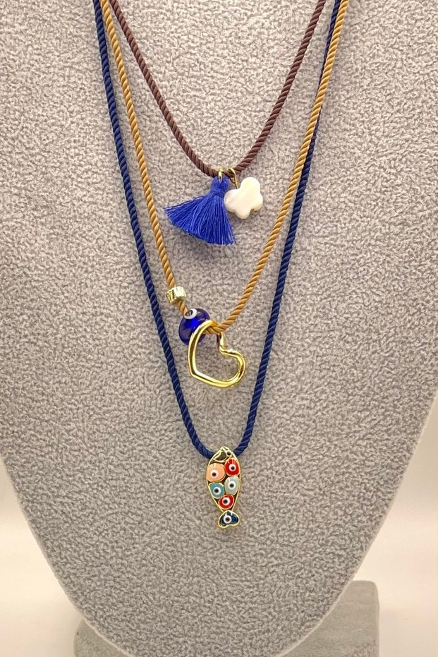 3 Pieces Bohemian Series Summer Navy Blue Brown Tassel Heart Butterfly Fish Rope Necklace Set