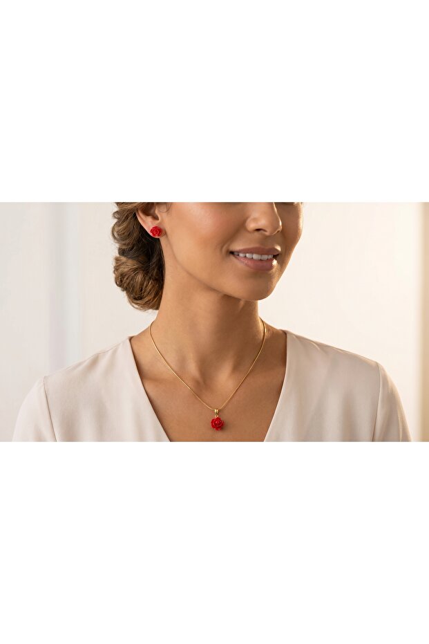Elegant Rose Jewelry Set – Floral Pendant Necklace & Stud Earrings for Women