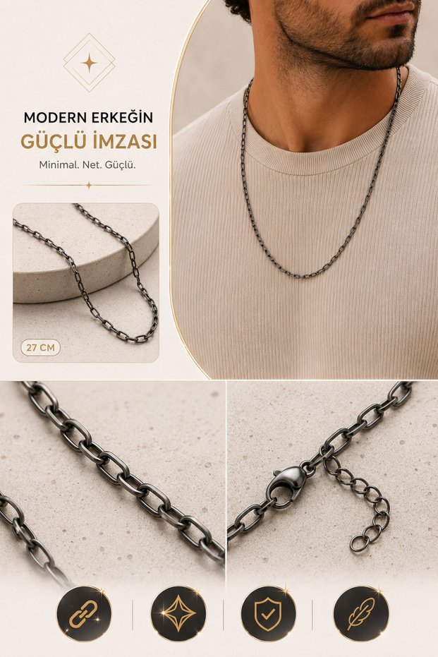 Matte Black Steel Men's Necklace Minimal City Style Thin Chain