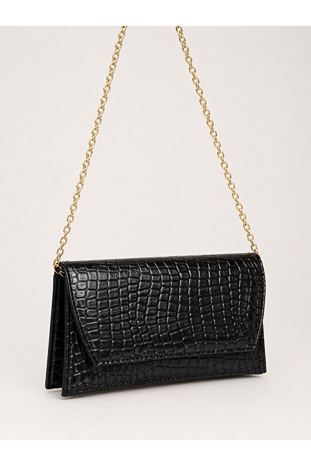 Black Crocodile Bag Leather Look Chain Strap Women's Hand and Shoulder Bag - Stylish Portfolio Clutch