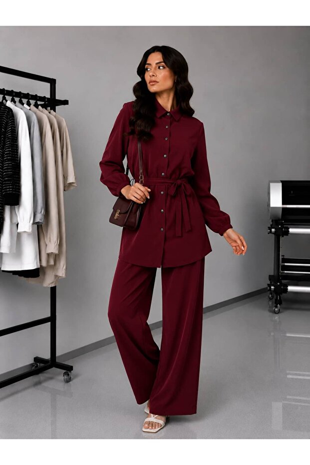 Cupra Fabric Belted Pants Hijab Double Set - 3