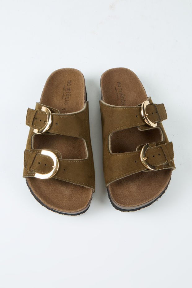 Rio Women's Vegan Leather Double Buckle Khaki Slippers