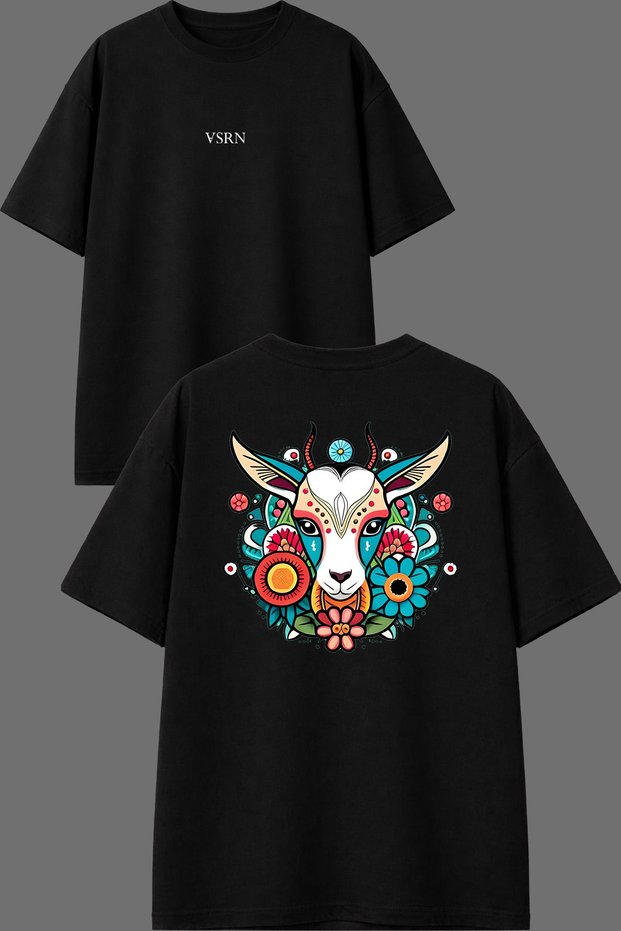 Colorful Goat Design Front and Back Printed Black Oversize T-Shirt