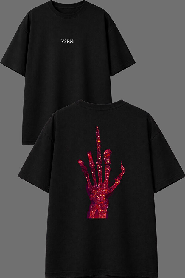 Red Middle Finger Design Front and Back Printed Black Oversize T-Shirt