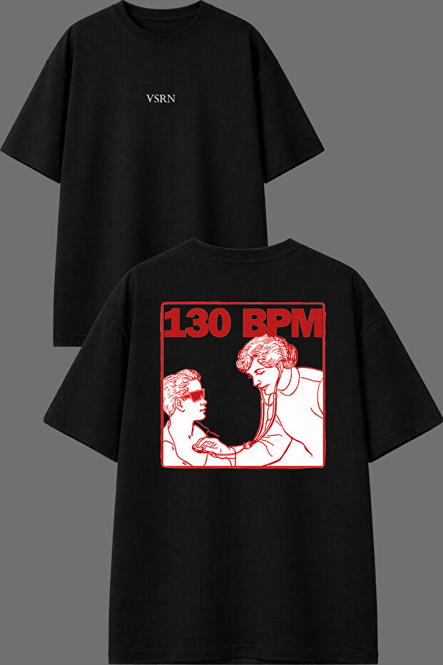 تي شيرت أسود كبير الحجم بتصميم موسيقي 130 Bpm مطبوع من الأمام والخلف