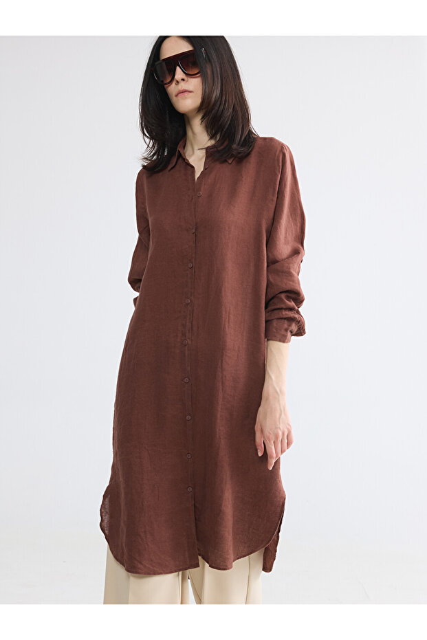 Brown Oversize 100% Linen Women's Shirt Tunic