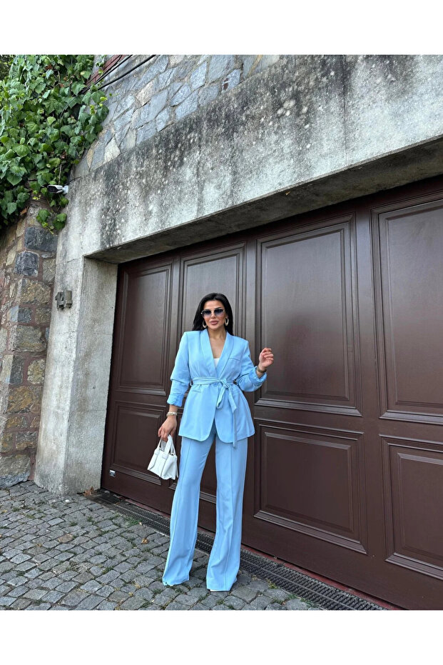 Women's Double-Belted Blazer Jacket and Trousers Set