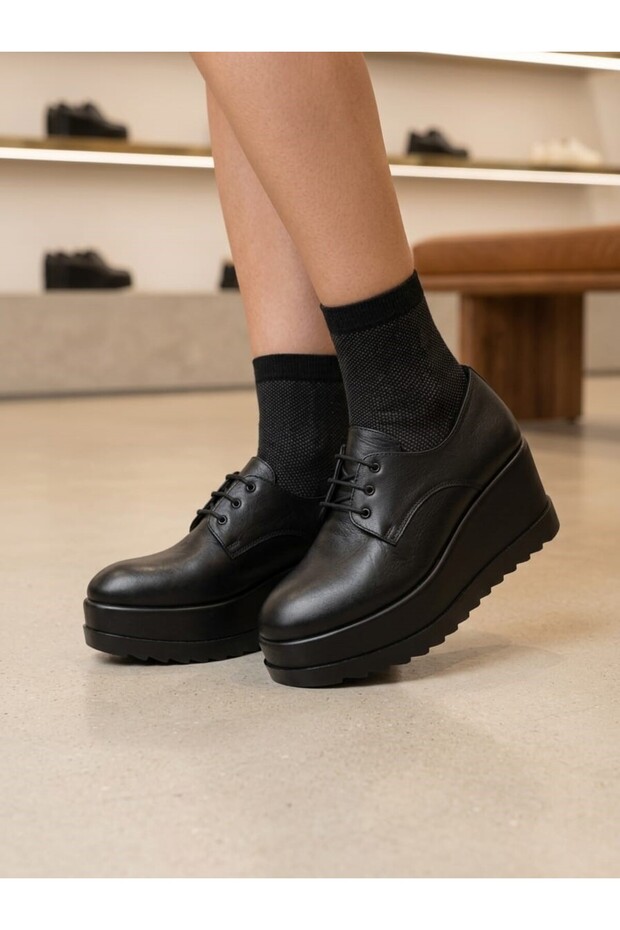 Genuine Leather Black Platform Wedge Sole Lace-Up Women's Casual Shoes
