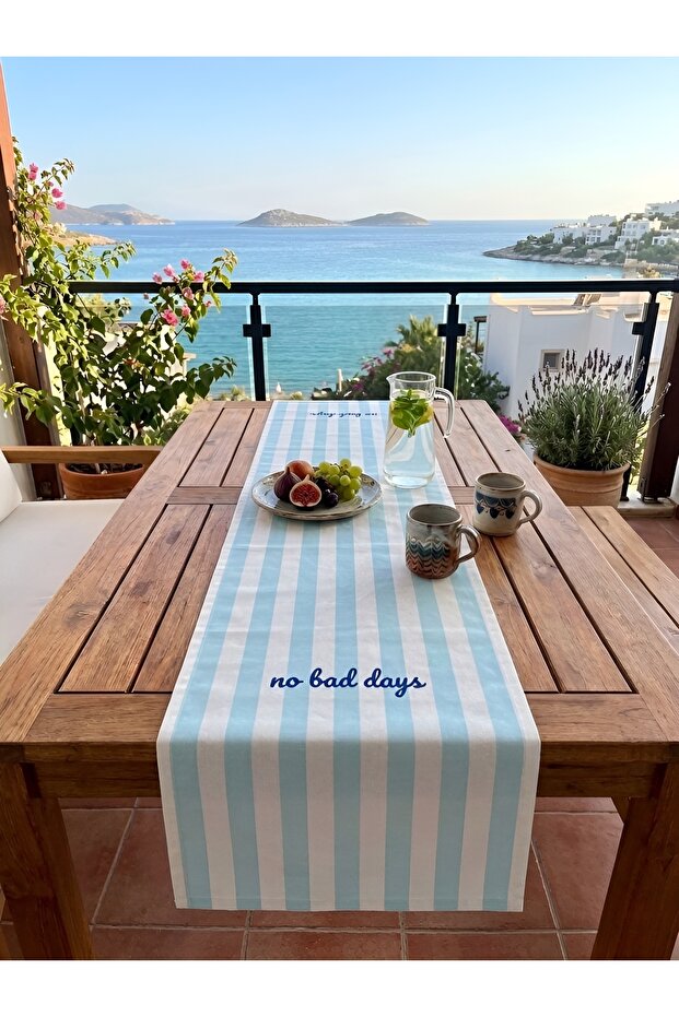 No Bad Days Written Blue - White Striped Decorative Runner - 45X145Cm - Decorative Runner - Blue and White Runner