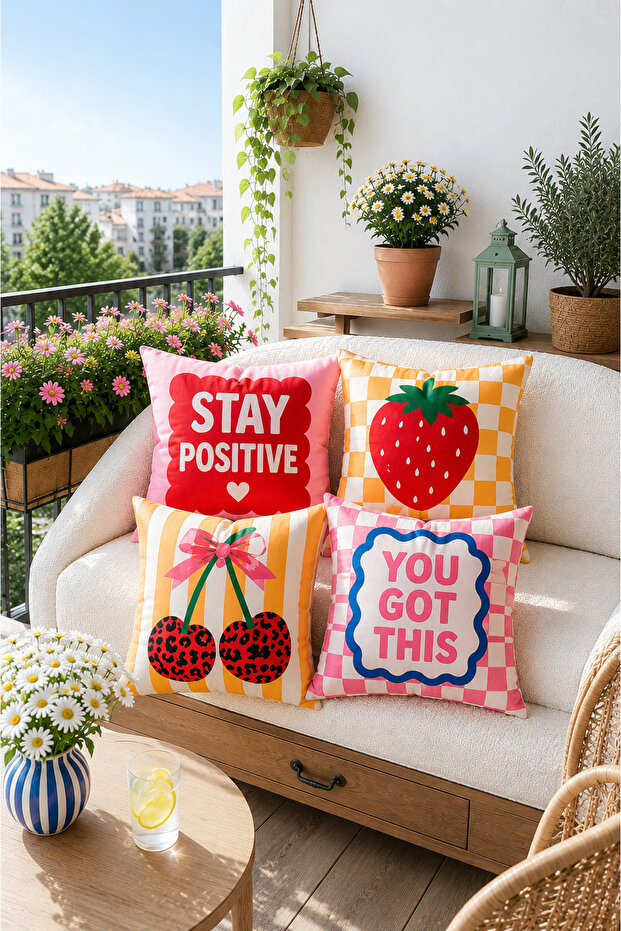 Ays Home Cherry Patterned Pink Yellow Home Balcony Garden 4-Piece Throw Pillow Cover Set