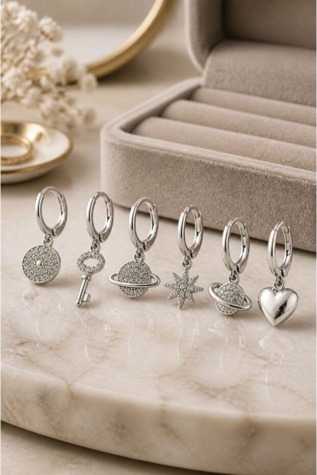 6 Piece Figured Silver Color Zircon Stone Earrings