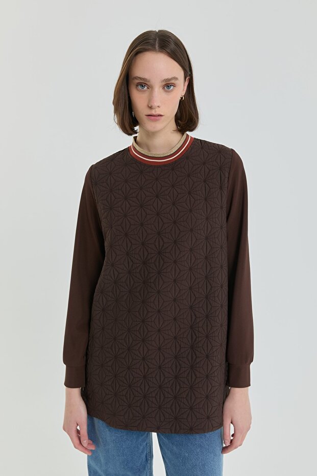 Thin Quilted Ribbed Tunic - Brown - 2