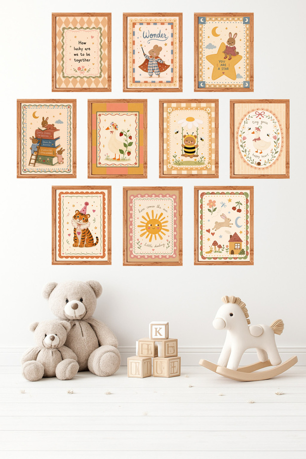 10-Piece Frame Look Pastel Set |   Baby Room |   Nursery, Minimalist, Vintage Painting Set 15X20 cm Mdf Uv Printing