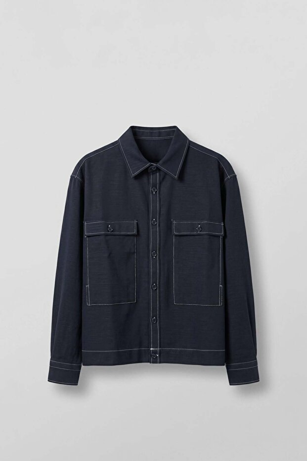 Men's Boxy Fit Contrast Stitched Cotton Overshirt Shirt Navy Blue
