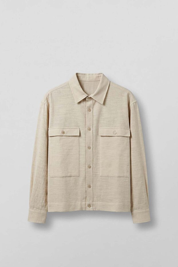 Men's Boxy Fit Contrast Stitched Cotton Overshirt Shirt Ecru