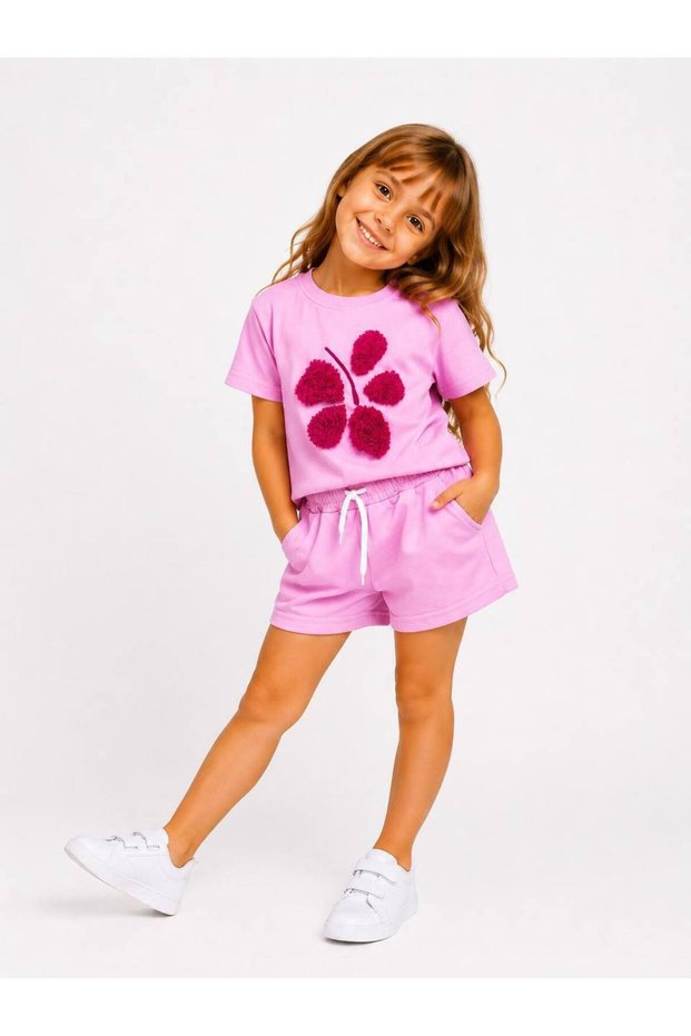 Girl's Pink Floral Detailed Shorts Set Summer 2-Piece Set