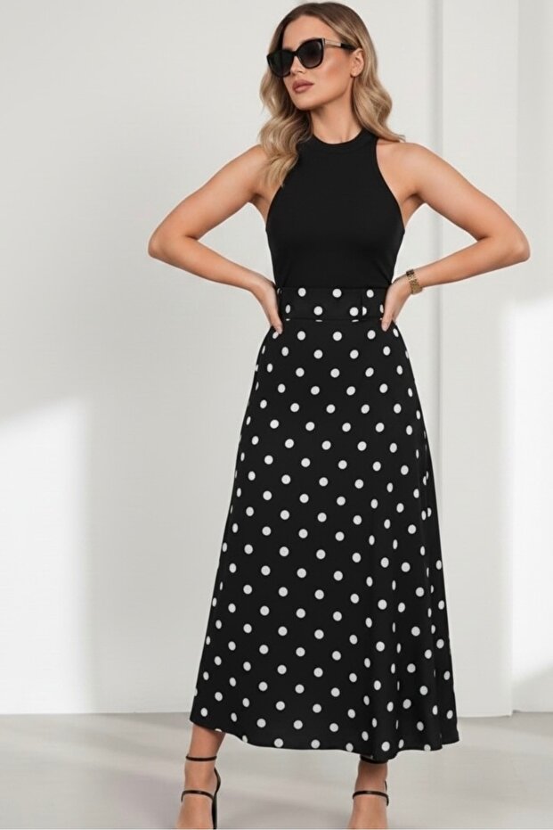 Belt Detail Poplin Fabric Polka Dot Pattern Long Skirt - Black (Suitable for Hijab)