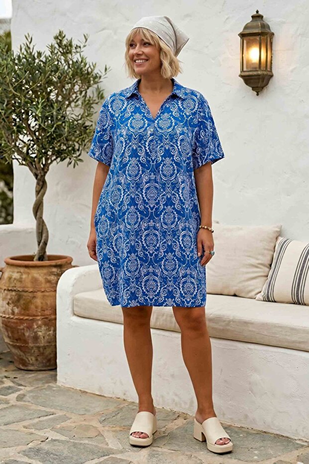 Cobalt Blue Shirt Collar Short Sleeve Patterned Casual Viscose Woven Dress 105 65