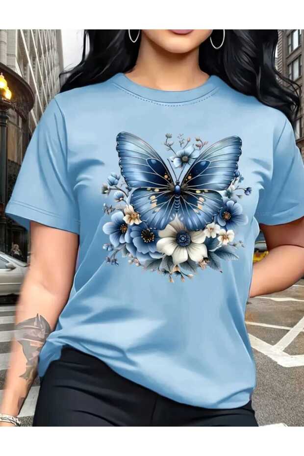 Tona Ton Butterfly Printed 100% Cotton New Season Plus Size Women's T-Shirt
