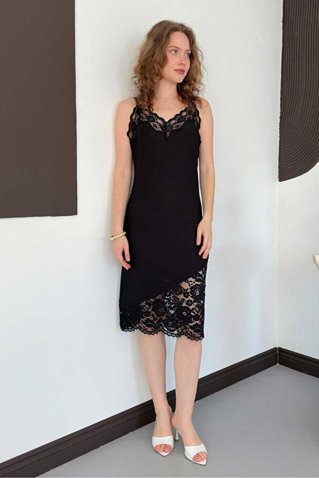 D 3043 Lace Detailed Strap Dress - Black | D3043 - Black