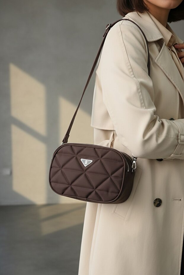 Women's Fluffy Quilted Patterned Daily Crossbody Bag with Emblem on the Front and Adjustable Shoulder Strap