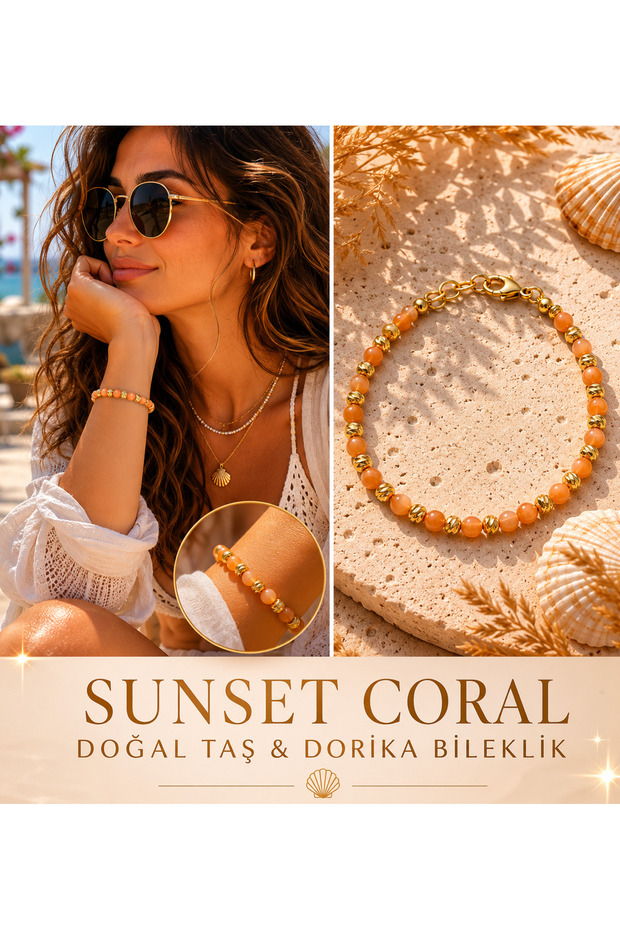 Sunset Coral Natural Stone Dorika Detailed Women's Bracelet