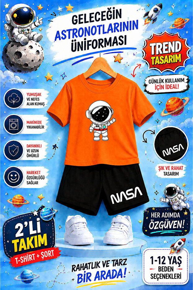 Nasa Astronaut Themed Kids' Set – Future Astronauts' Uniform | 2-Piece T-Shirt & Shorts Set
