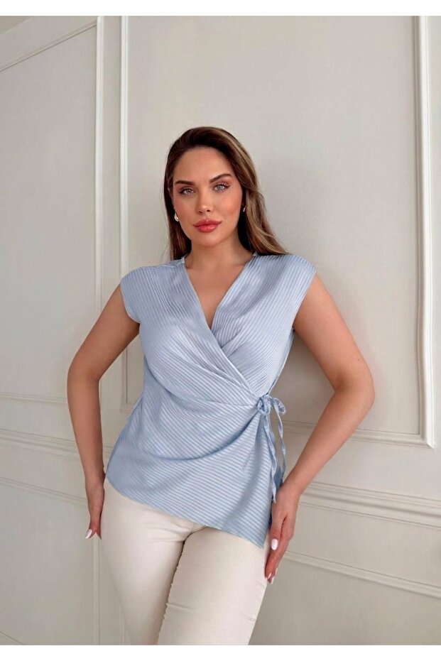 Self-Patterned Side-Tie Satin Blouse - 1