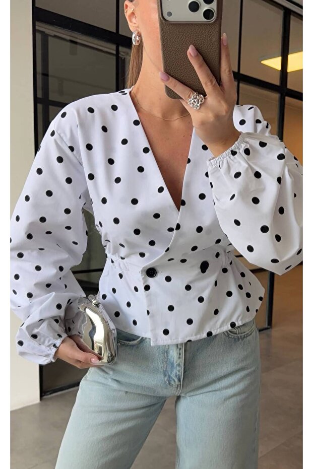 Polka Dot Elastic Waist Bluz - 1