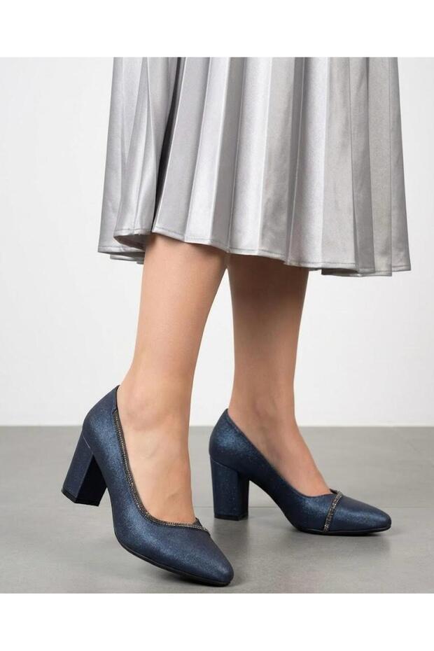 Women's Navy Blue Thick Heel Comfortable Fit Heeled Shoes