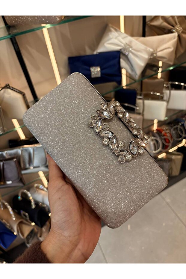 Women's Big Stone Look Silver Evening Dress Clutch Chain Strap Handheld Wedding Engagement Evening Shoulder Bag