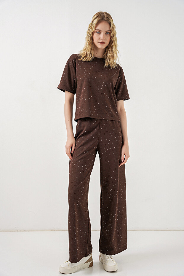 Women's Stoned T-Shirt and Pants Two-Piece Set - Brown 1402