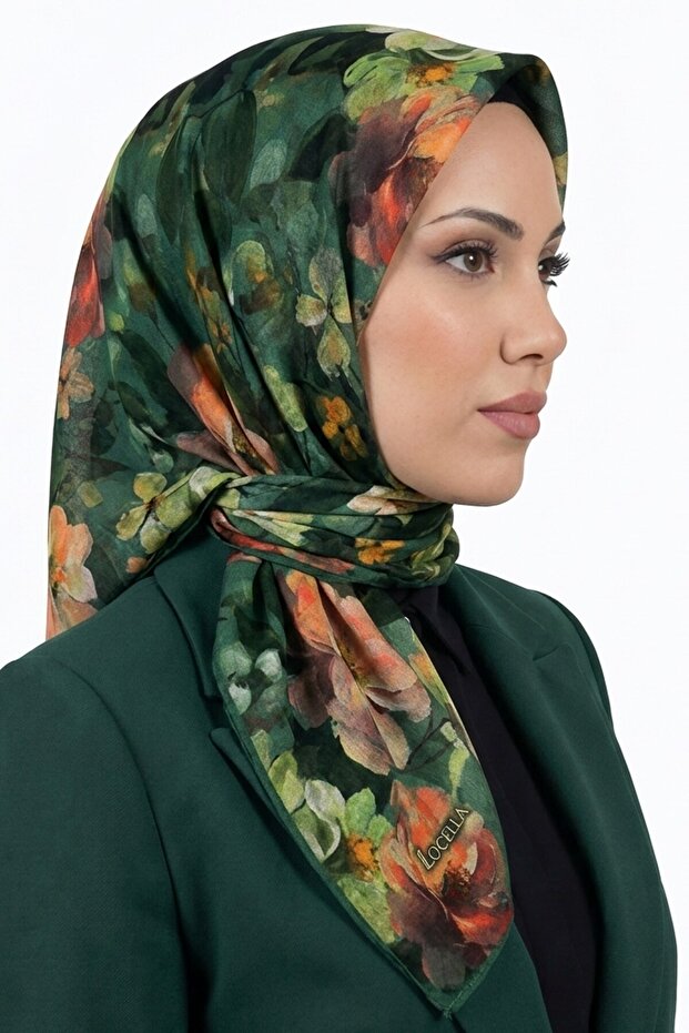 Women's Green Floral Patterned Organic Cotton Soft Scarf