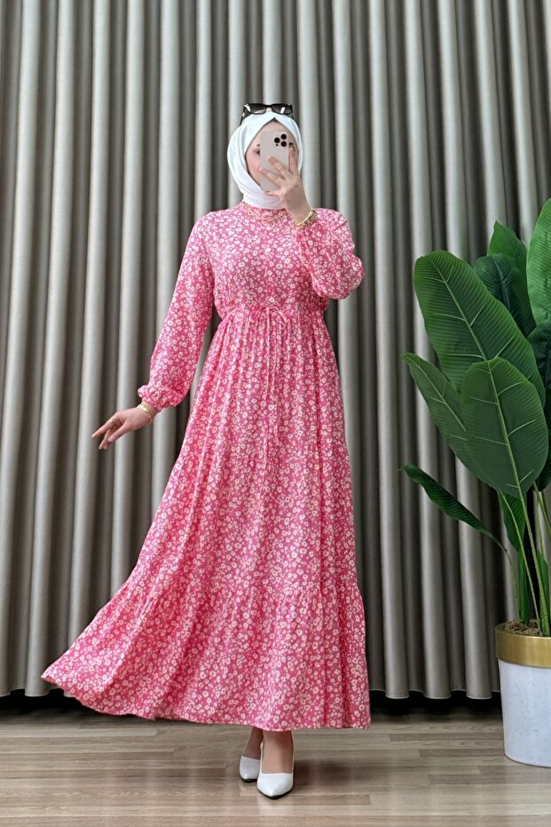 Ayla Dress Viscose Fabric Women's Pink Floral Patterned Collar Openable Buttoned Waist Tieback Muslim Dress