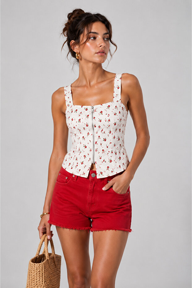 Women's Rose Patterned Zippered Corsage Blouse
