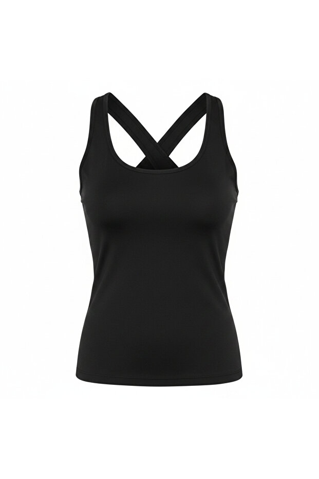 Women's Black Functional Top with Crossed Straps