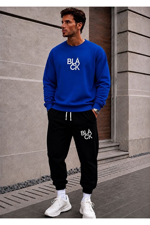 Unisex Winter Wide Cut Zero Collar Track Suit Black Printed