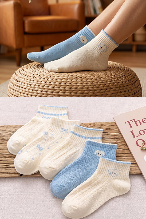 5 Pairs of Blue Sheep Patterned Women's Socks
