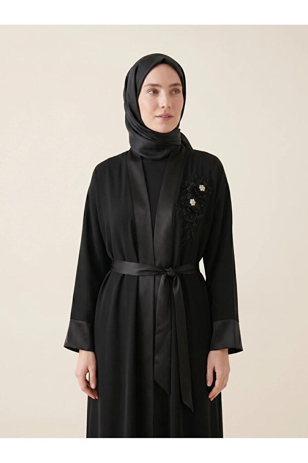 Abaya Ferace Handcrafted Beaded Stone Flower Embroidered Satin Shawl Collar Belted 9647-26 - Black
