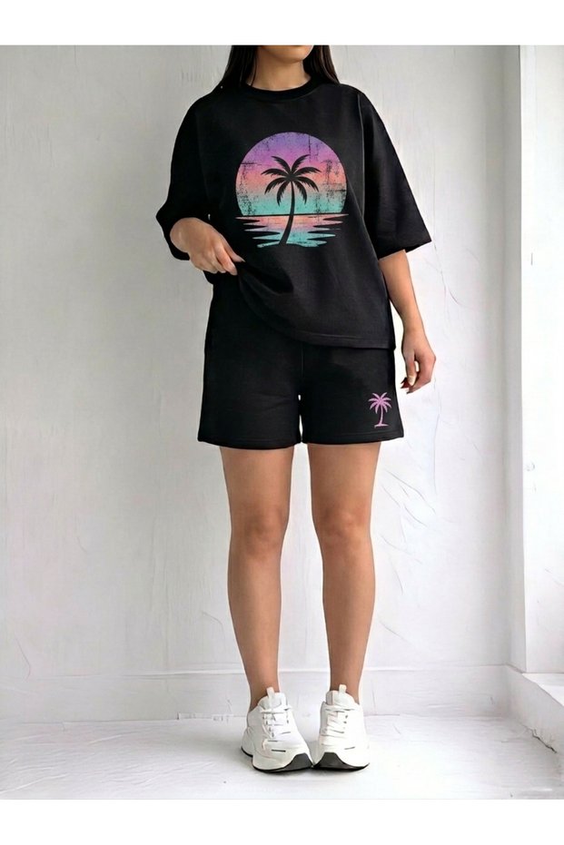 Women's Oversize Avo Basic T-Shirt and Wide Leg Sweatpants Set | Comfortable Daily Casual Streetwear Combination