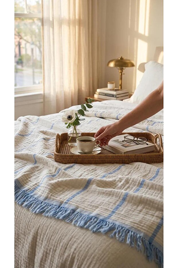 Blue Striped Double-Sided 4-Layer Muslin 100% Cotton Single Bedspread/Bed Sheet 180X240 cm